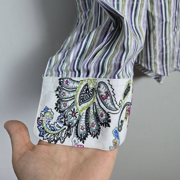 Robert Graham Mens Button Up Shirt Sz XL Purple Striped Flip Cuff Preppy Career - Picture 5 of 8